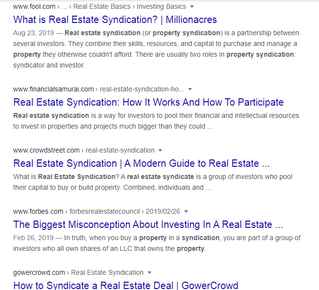 real estate syndication in search
